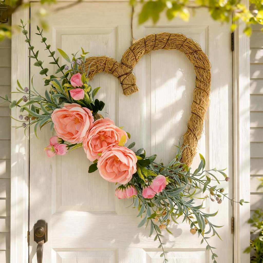 Handmade Heart-Shaped Rattan Wreath with Silk Peony Flowers