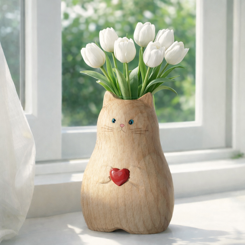 Cat Shaped Flower Vase with Red Heart
