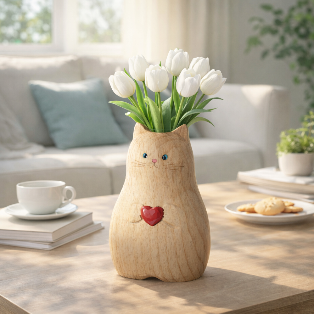 Cat Shaped Flower Vase with Red Heart