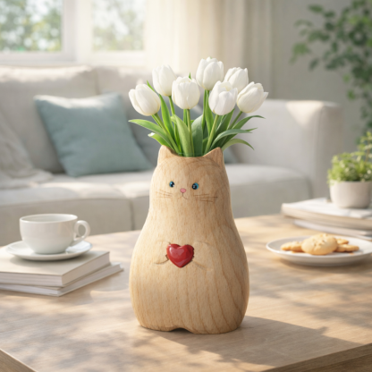 Cat Shaped Flower Vase with Red Heart