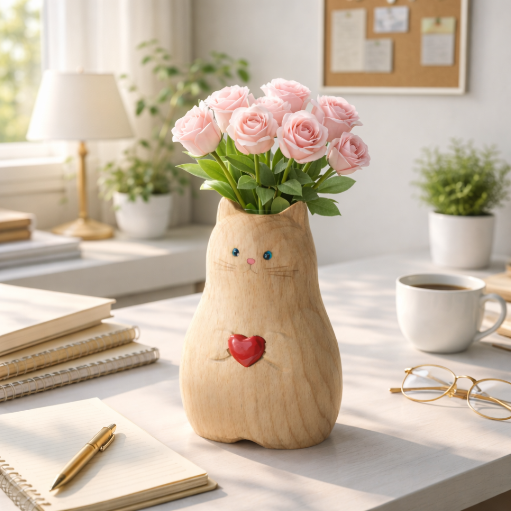 Cat Shaped Flower Vase with Red Heart