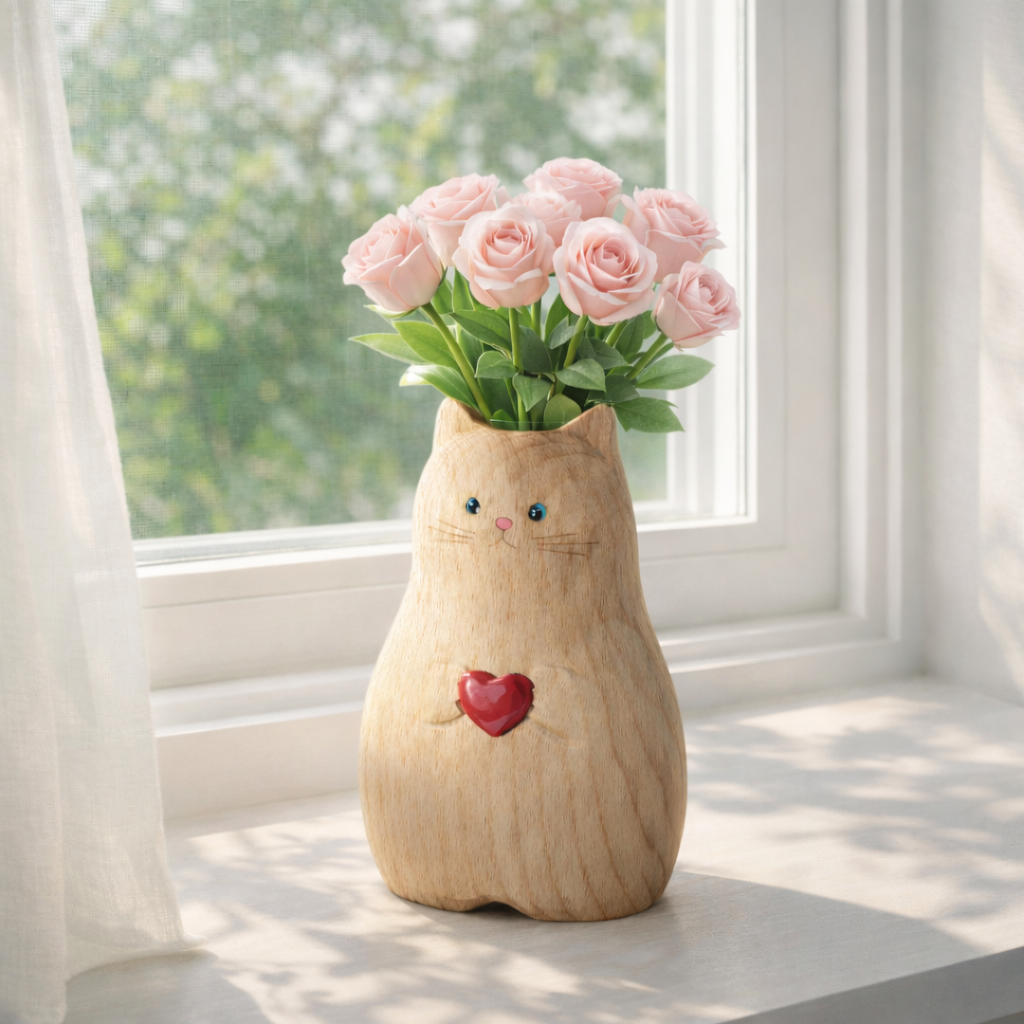 Cat Shaped Flower Vase with Red Heart