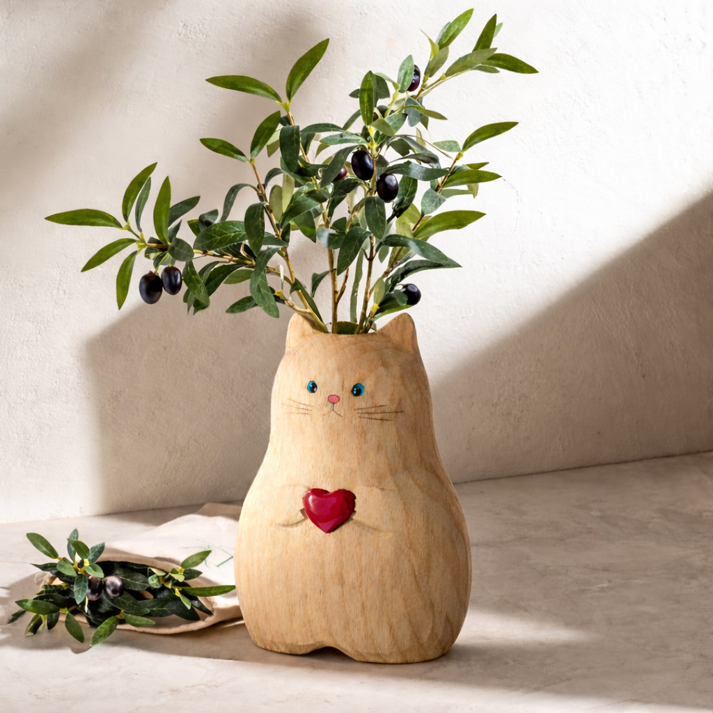 Cat Shaped Flower Vase with Red Heart
