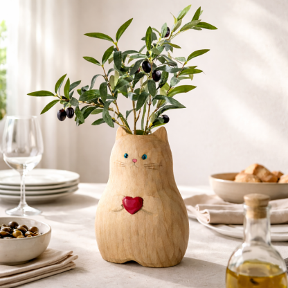 Cat Shaped Flower Vase with Red Heart
