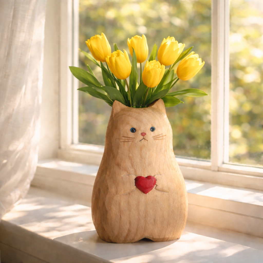 Cat Shaped Flower Vase with Red Heart
