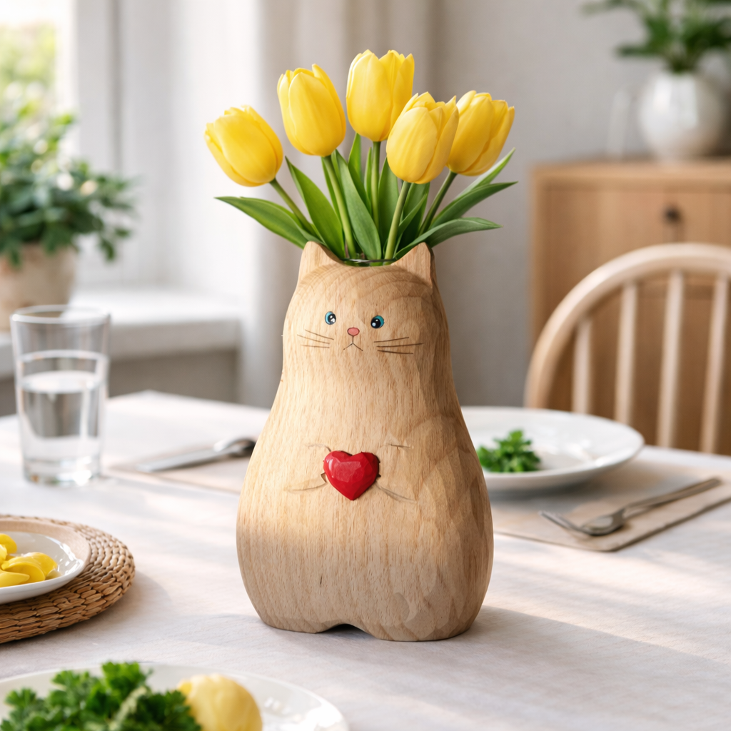 Cat Shaped Flower Vase with Red Heart