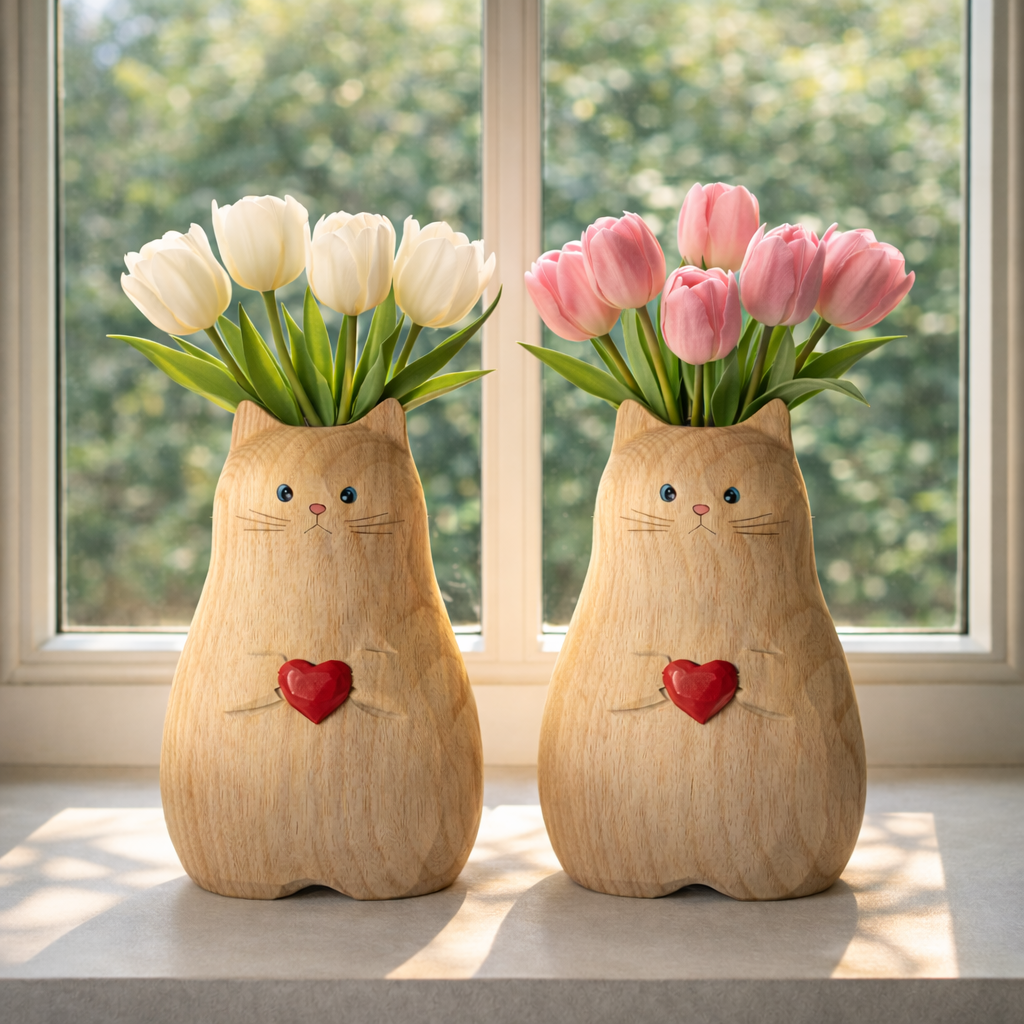 Cat Shaped Flower Vase with Red Heart