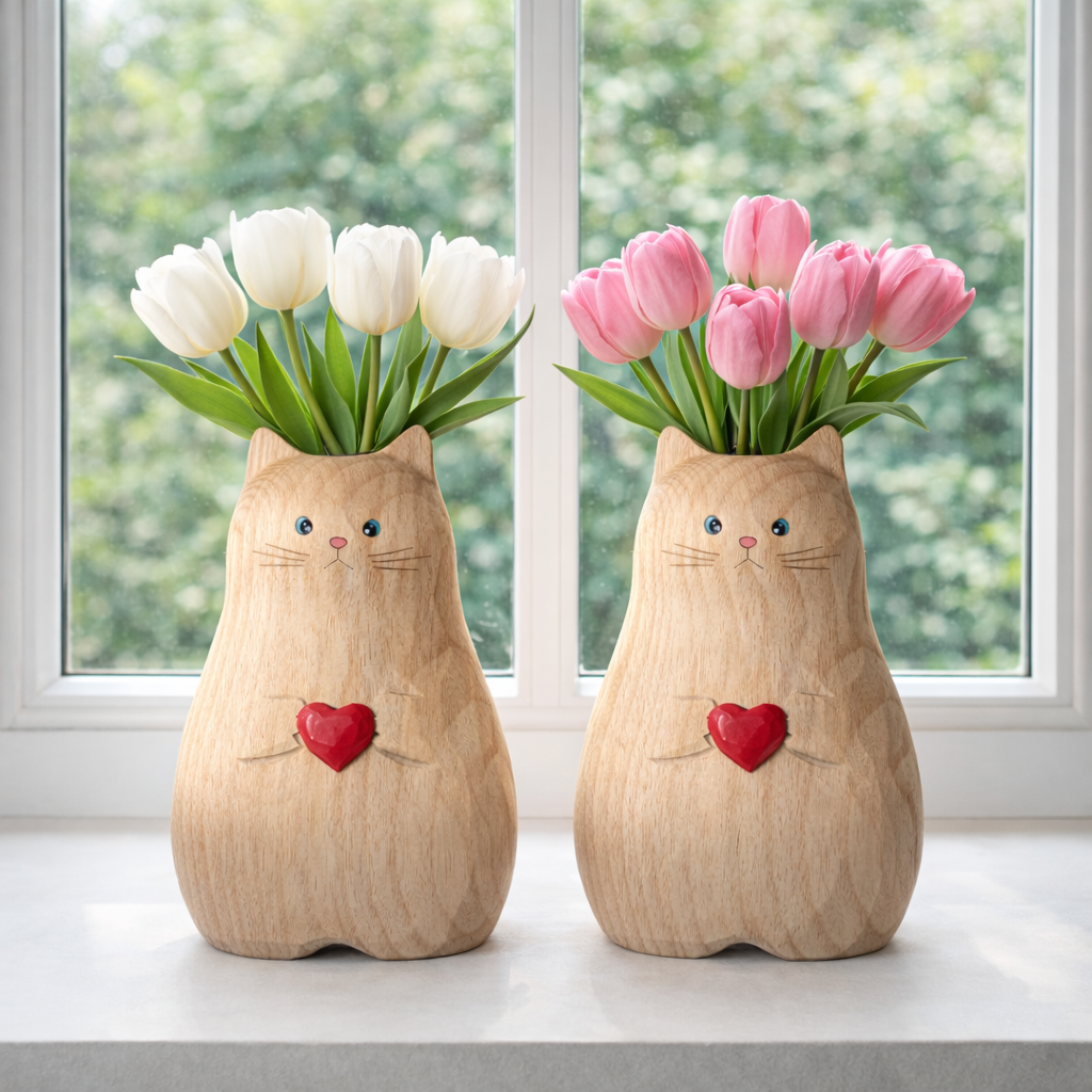 Cat Shaped Flower Vase with Red Heart