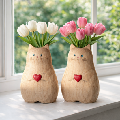 Cat Shaped Flower Vase with Red Heart