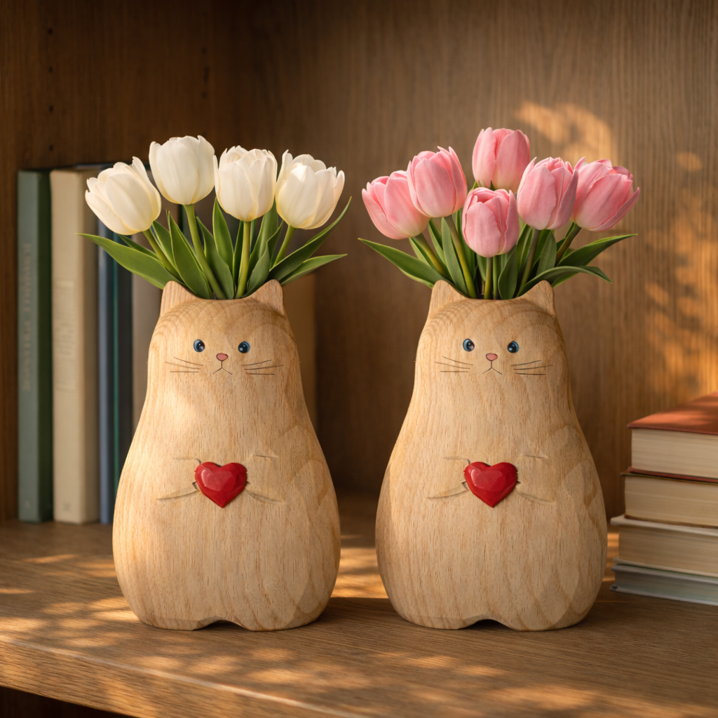 Cat Shaped Flower Vase with Red Heart