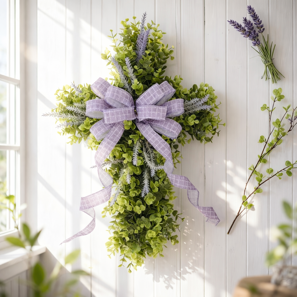 Greenery Cross Wreath with Lavender Bow