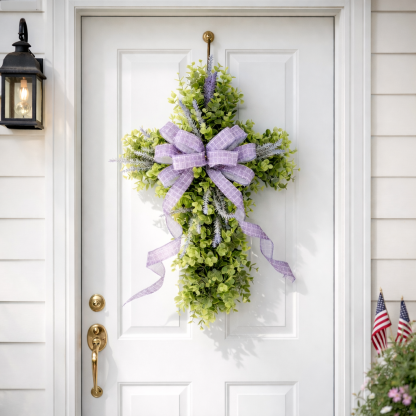 Greenery Cross Wreath with Lavender Bow