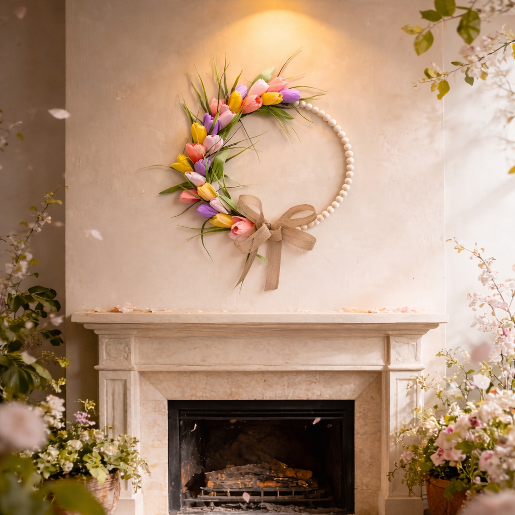 Spring Wood Bead Tulip Greenery Half Wreath with Burlap Bow