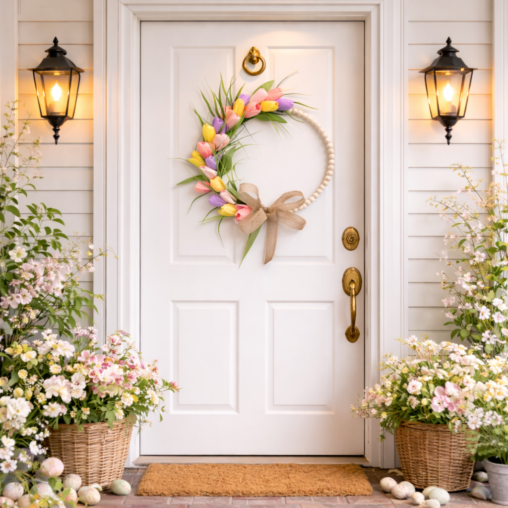 Spring Wood Bead Tulip Greenery Half Wreath with Burlap Bow