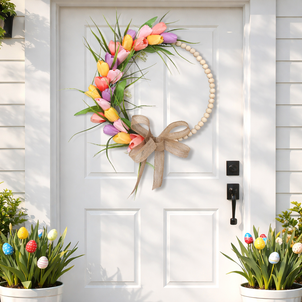 Spring Wood Bead Tulip Greenery Half Wreath with Burlap Bow