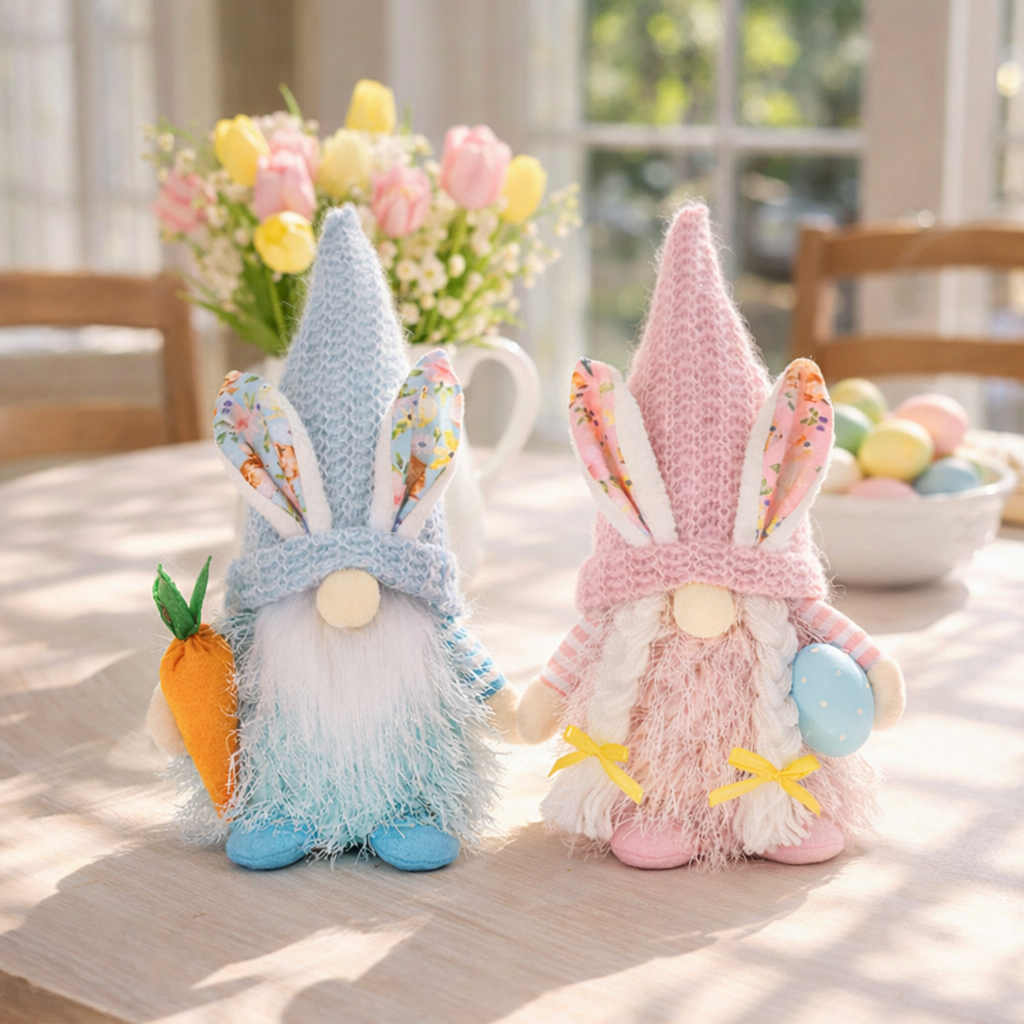 Spring Bunny Gnome Plush Figurines with Knit Hats
