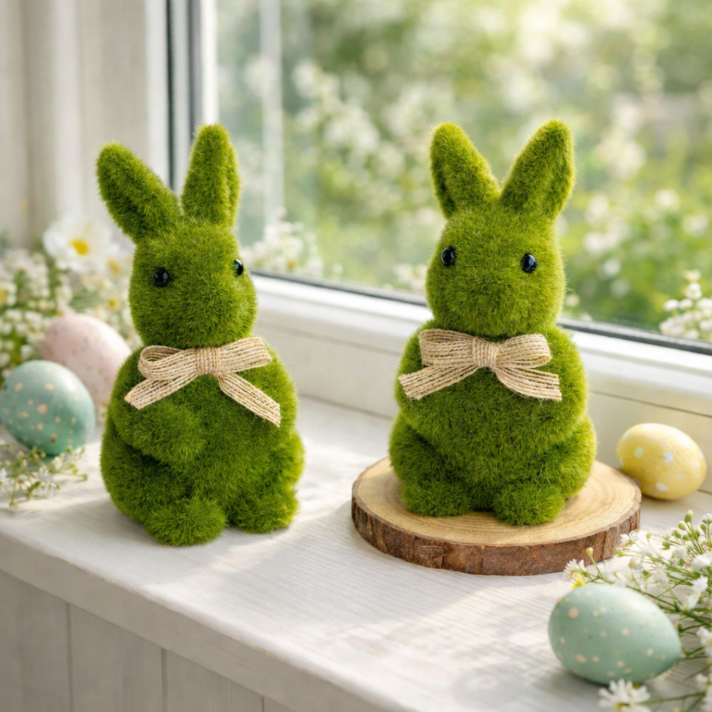 Spring Green Flocked Easter Bunny Decor with Burlap Bows