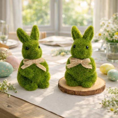 Spring Green Flocked Easter Bunny Decor with Burlap Bows