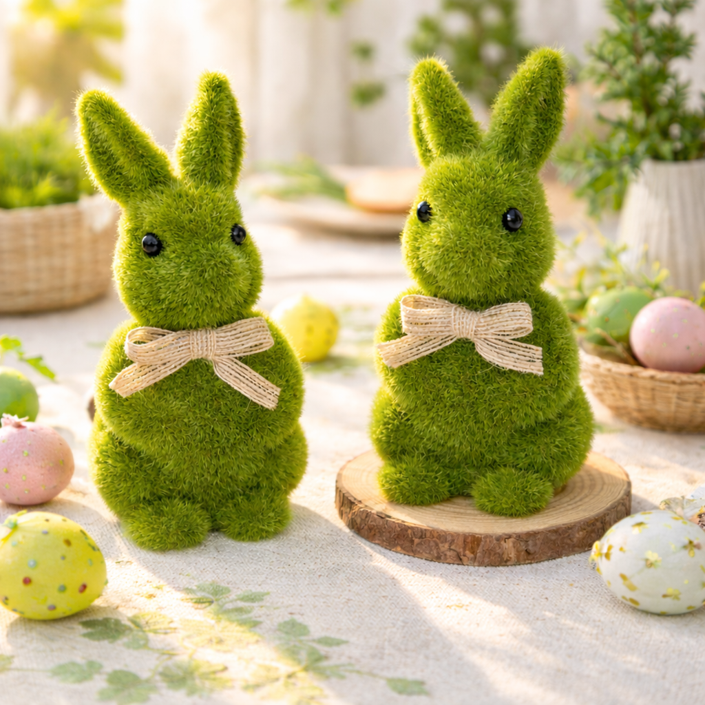 Spring Green Flocked Easter Bunny Decor with Burlap Bows