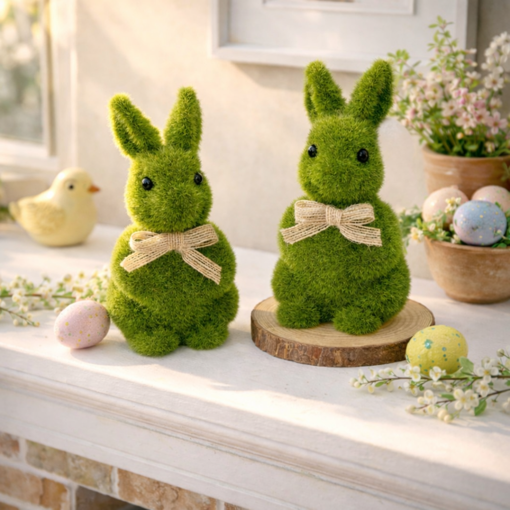 Spring Green Flocked Easter Bunny Decor with Burlap Bows