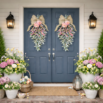 Spring Teardrop Floral Door Swag with Burlap Bow