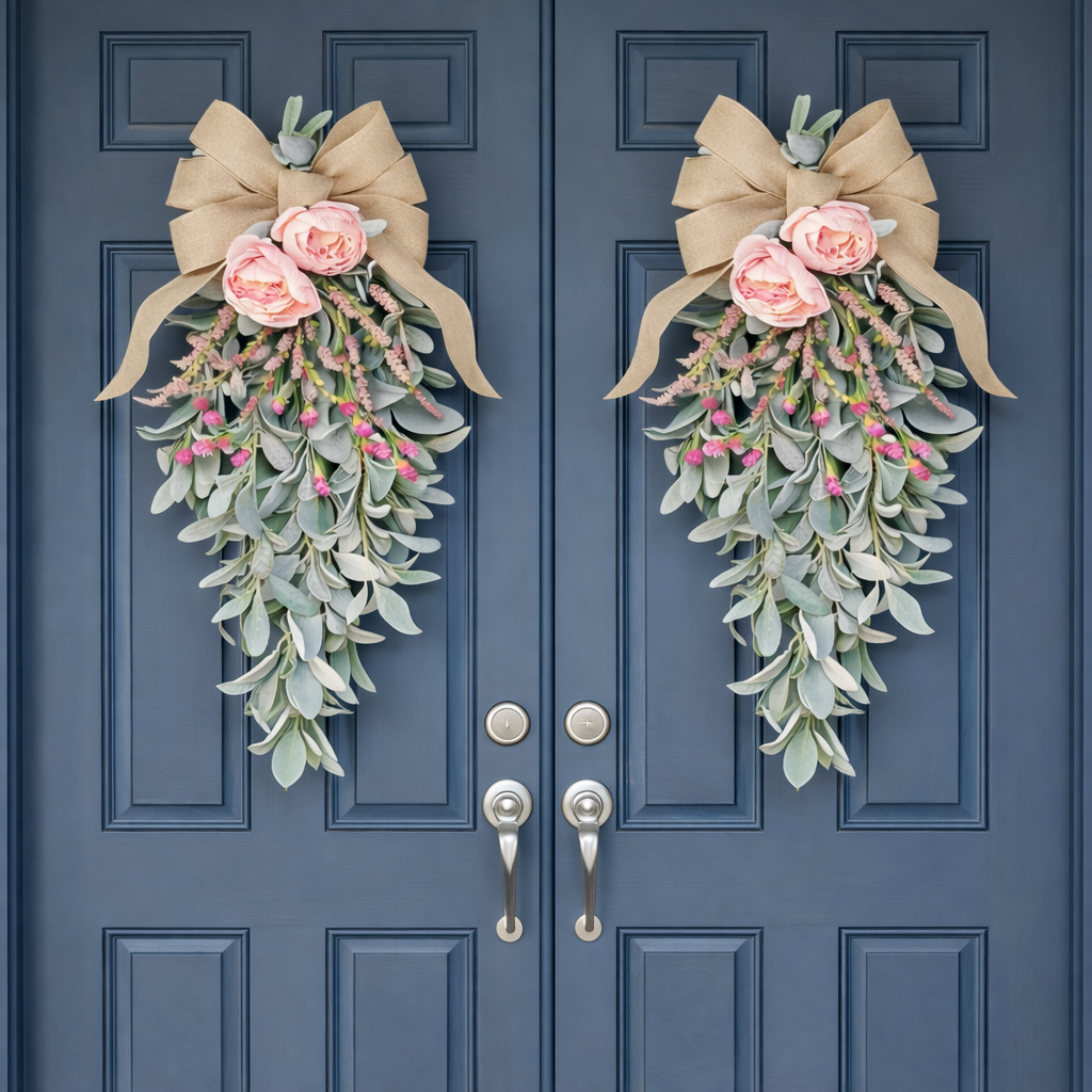 Spring Teardrop Floral Door Swag with Burlap Bow
