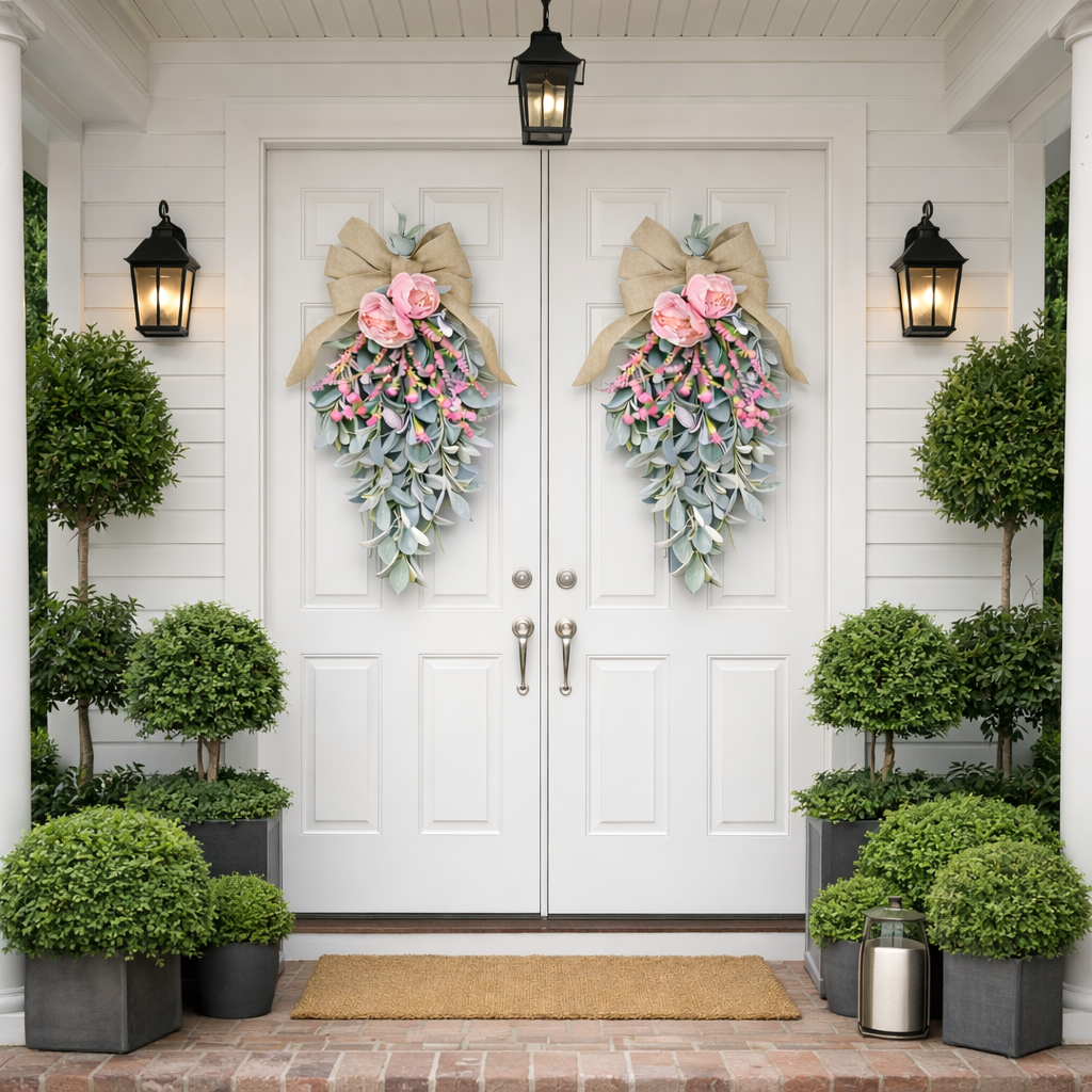 Spring Teardrop Floral Door Swag with Burlap Bow