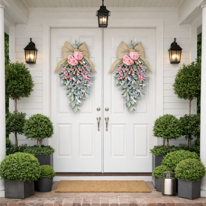 Spring Teardrop Floral Door Swag with Burlap Bow