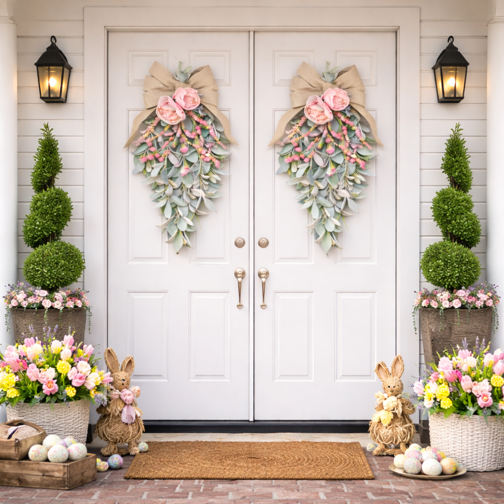 Spring Teardrop Floral Door Swag with Burlap Bow