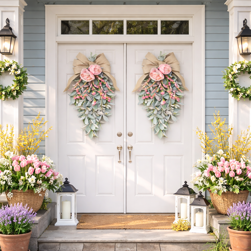 Spring Teardrop Floral Door Swag with Burlap Bow