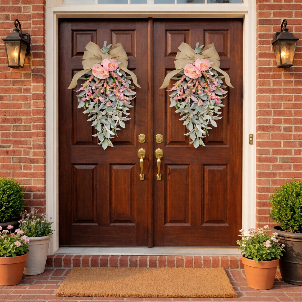 Spring Teardrop Floral Door Swag with Burlap Bow