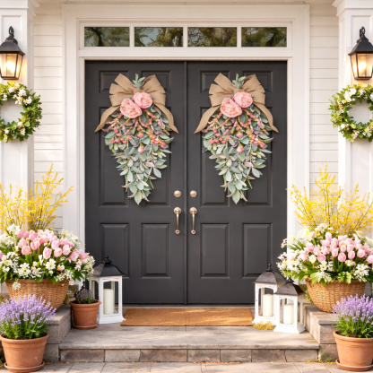 Spring Teardrop Floral Door Swag with Burlap Bow