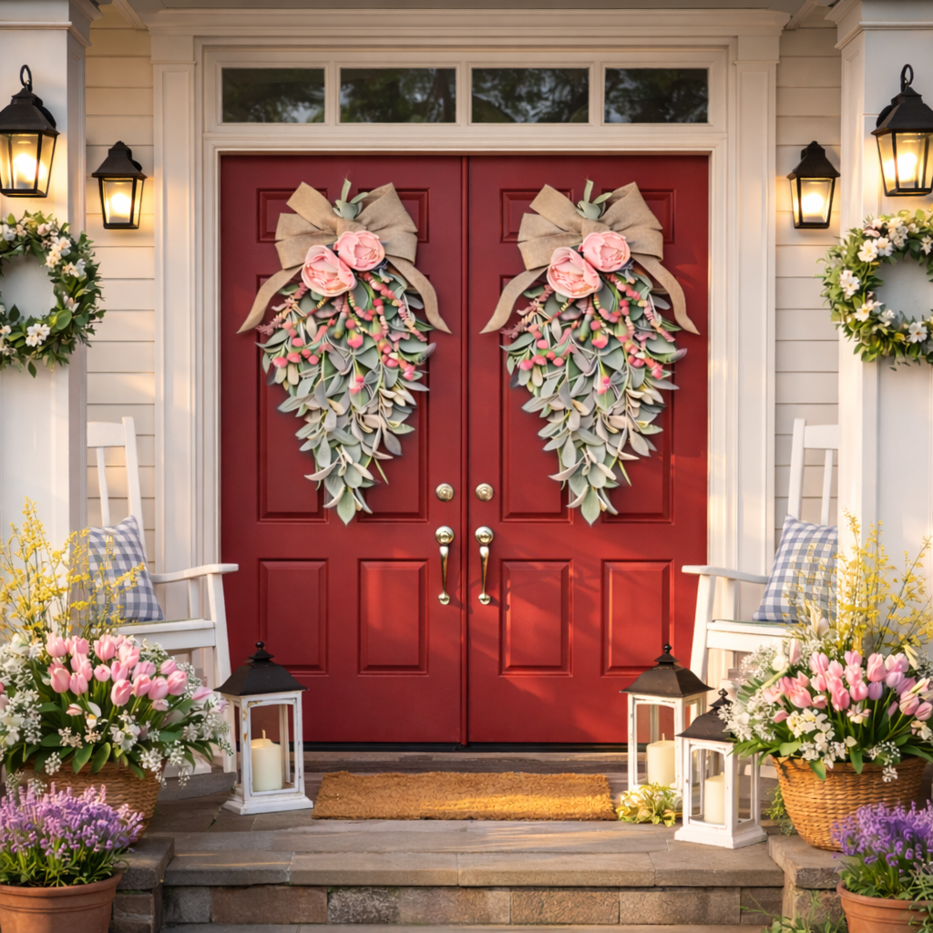 Spring Teardrop Floral Door Swag with Burlap Bow