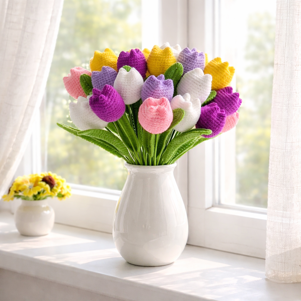 Handmade Knitted Tulip Bouquet for Spring Décor