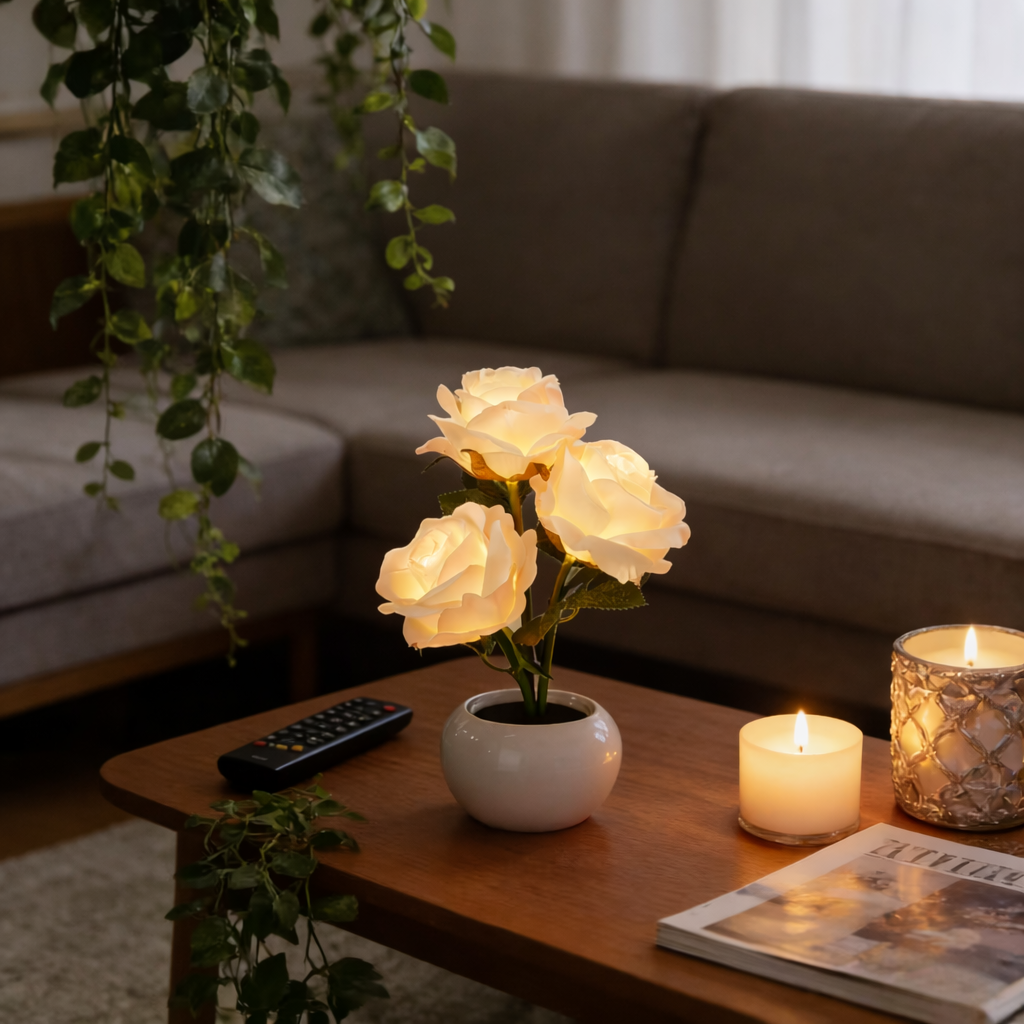 LED Pink Rose Flower Tabletop Night Light