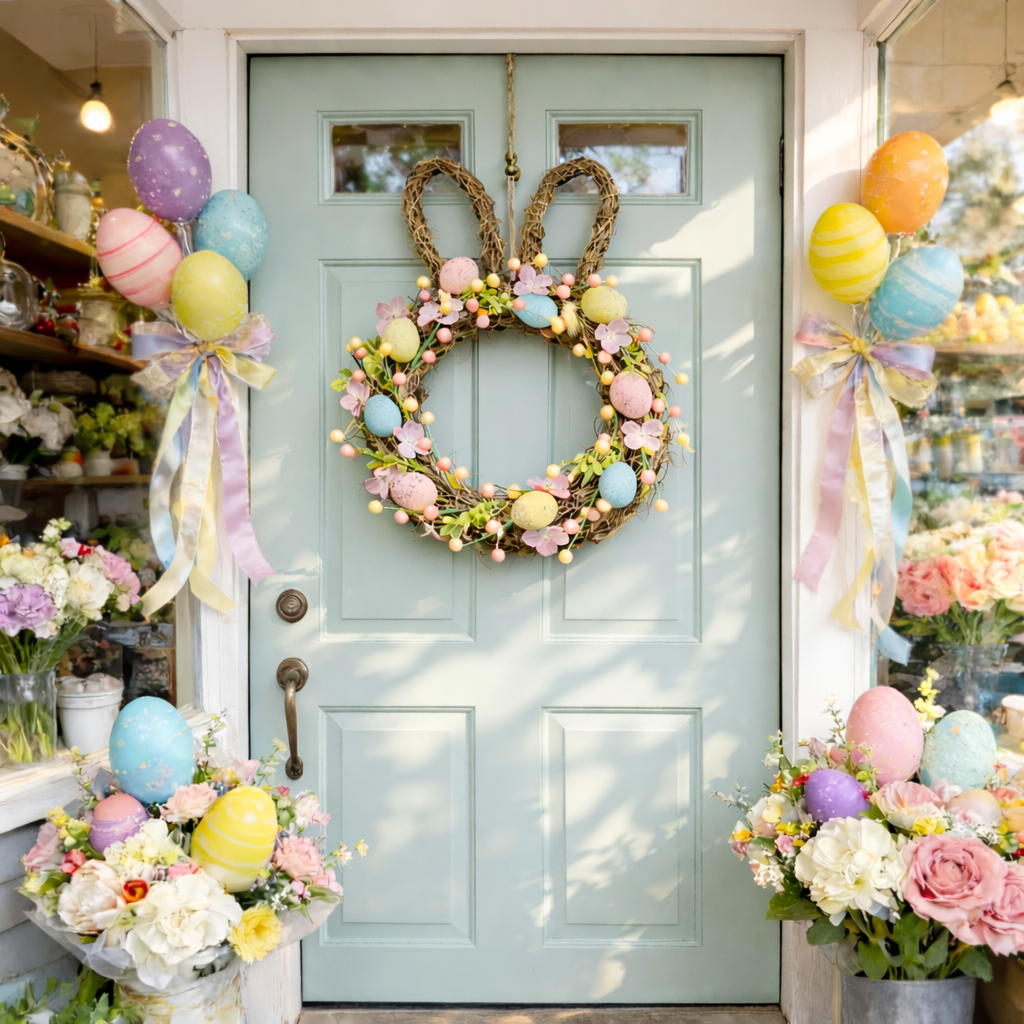 Handcrafted Bunny Ear Easter Wreath with Pastel Eggs & Flowers