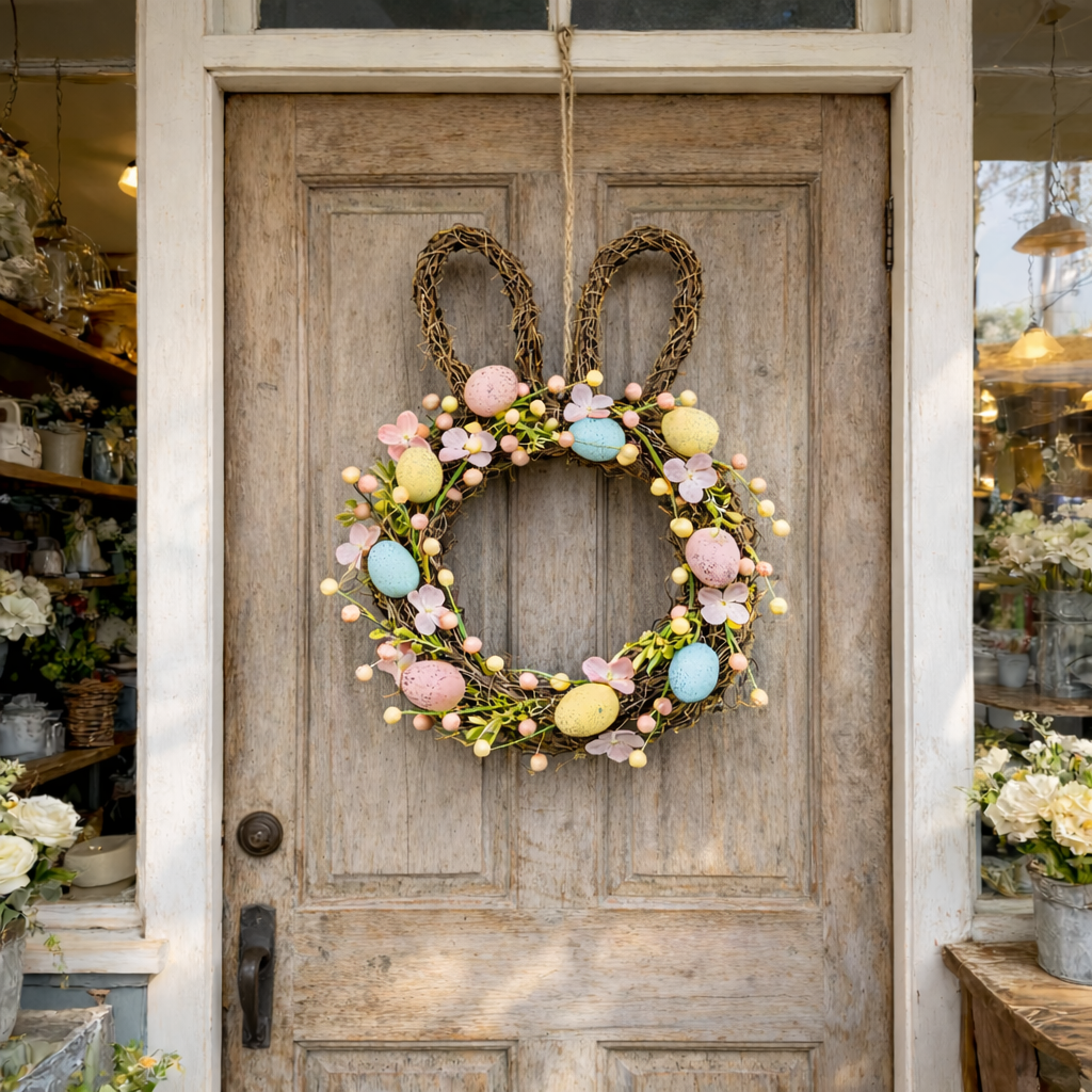 Handcrafted Bunny Ear Easter Wreath with Pastel Eggs & Flowers