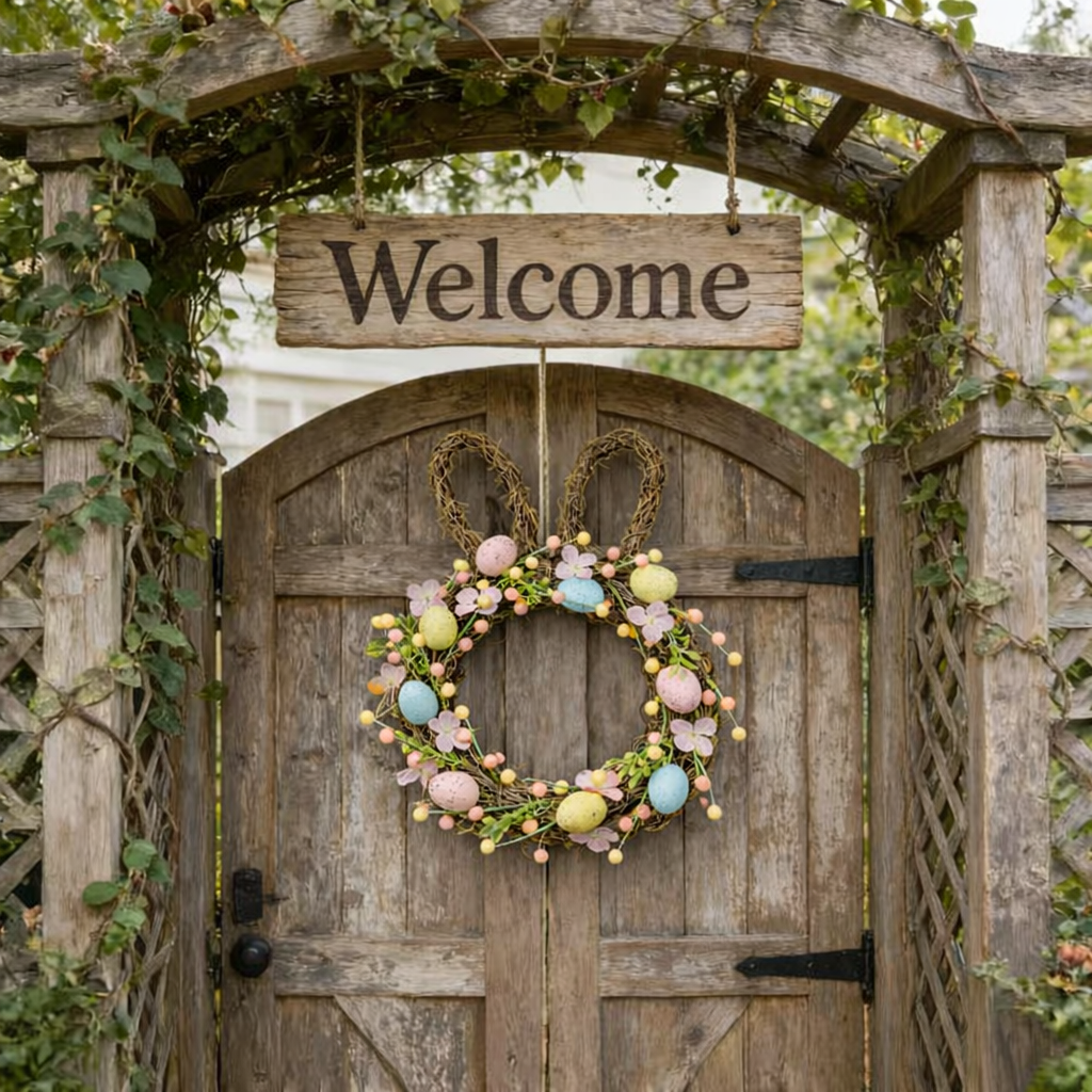 Handcrafted Bunny Ear Easter Wreath with Pastel Eggs & Flowers