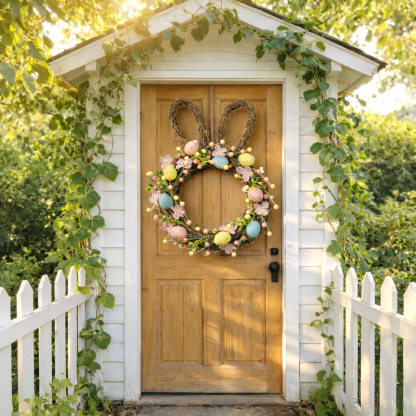 Handcrafted Bunny Ear Easter Wreath with Pastel Eggs & Flowers
