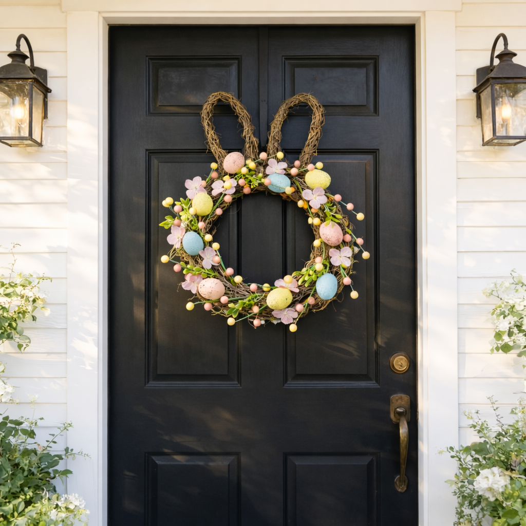 Handcrafted Bunny Ear Easter Wreath with Pastel Eggs & Flowers