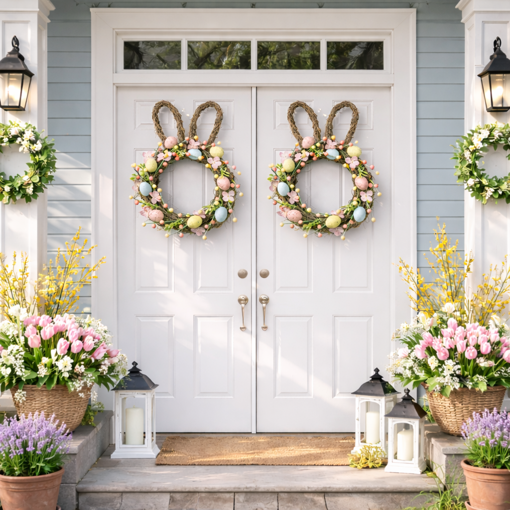 Handcrafted Bunny Ear Easter Wreath with Pastel Eggs & Flowers