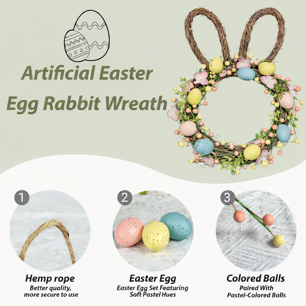 Handcrafted Bunny Ear Easter Wreath with Pastel Eggs & Flowers