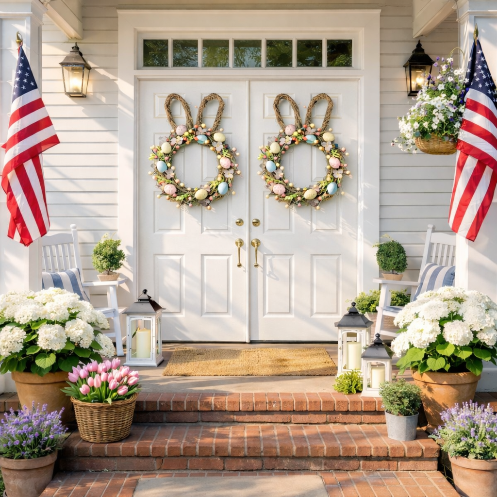 Handcrafted Bunny Ear Easter Wreath with Pastel Eggs & Flowers