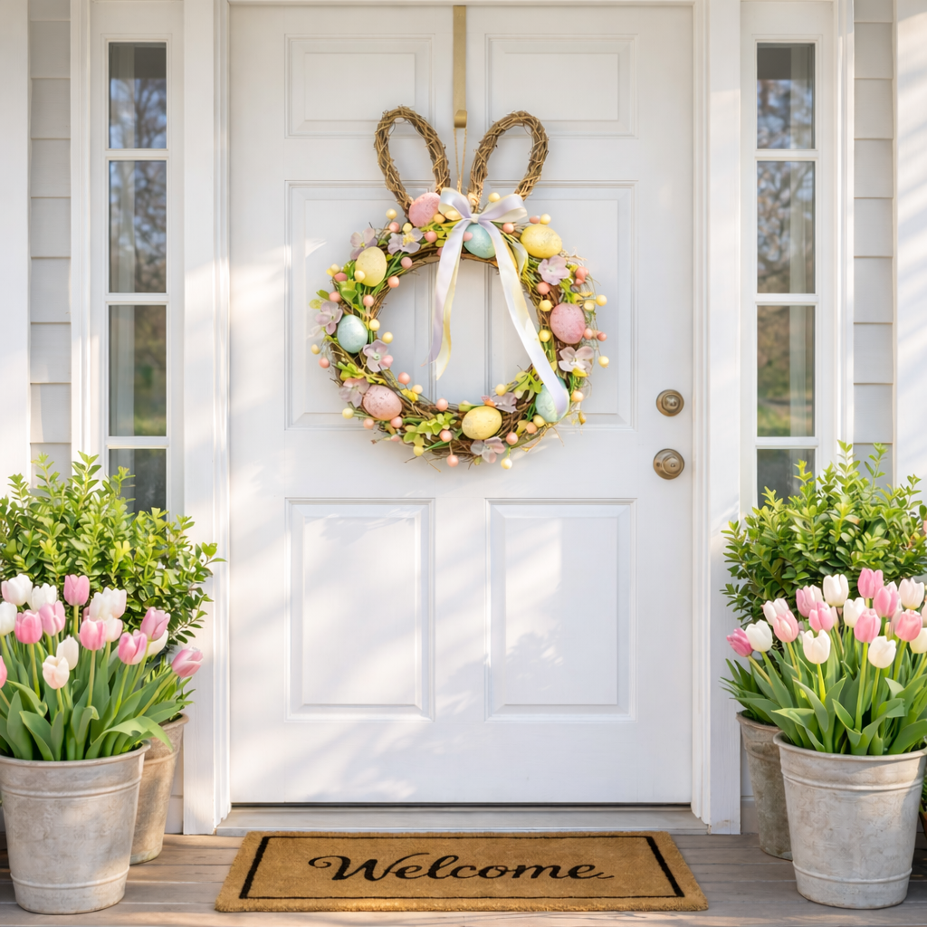 Handcrafted Bunny Ear Easter Wreath with Pastel Eggs & Flowers