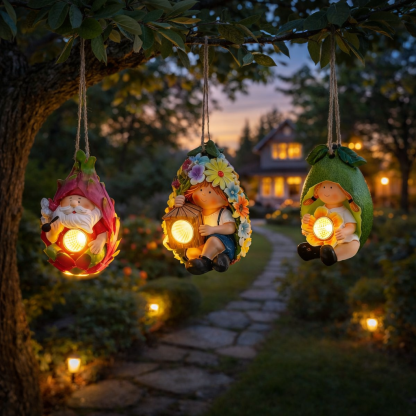 Cute Little Girl & Gnome Figurine Solar Hanging Resin Pendant Garden Lights