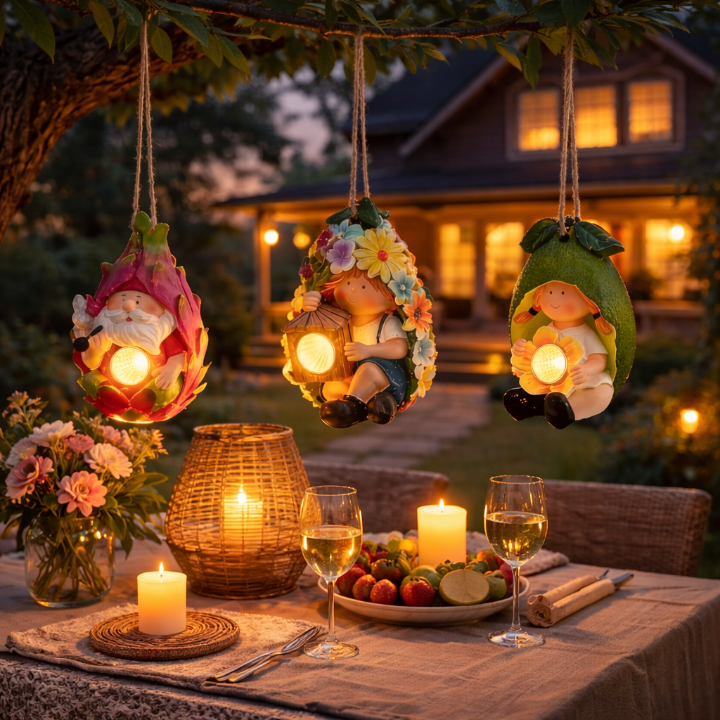 Cute Little Girl & Gnome Figurine Solar Hanging Resin Pendant Garden Lights