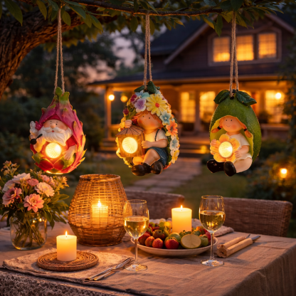 Cute Little Girl & Gnome Figurine Solar Hanging Resin Pendant Garden Lights