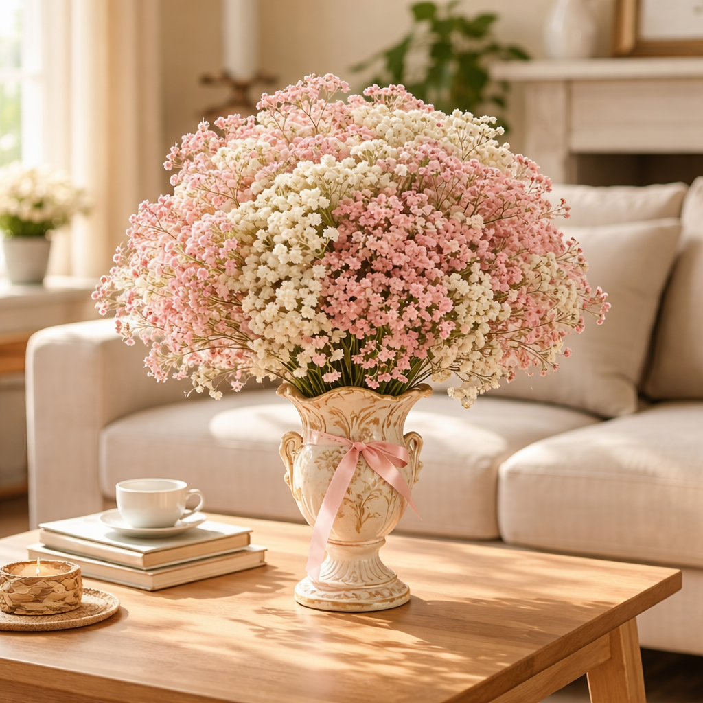 Pink & White Baby’s Breath Bouquet, Table Centerpieces & Home Decor