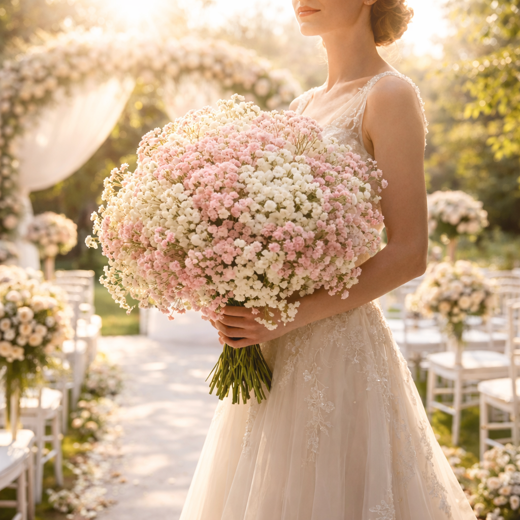 Pink & White Baby’s Breath Bouquet, Table Centerpieces & Home Decor