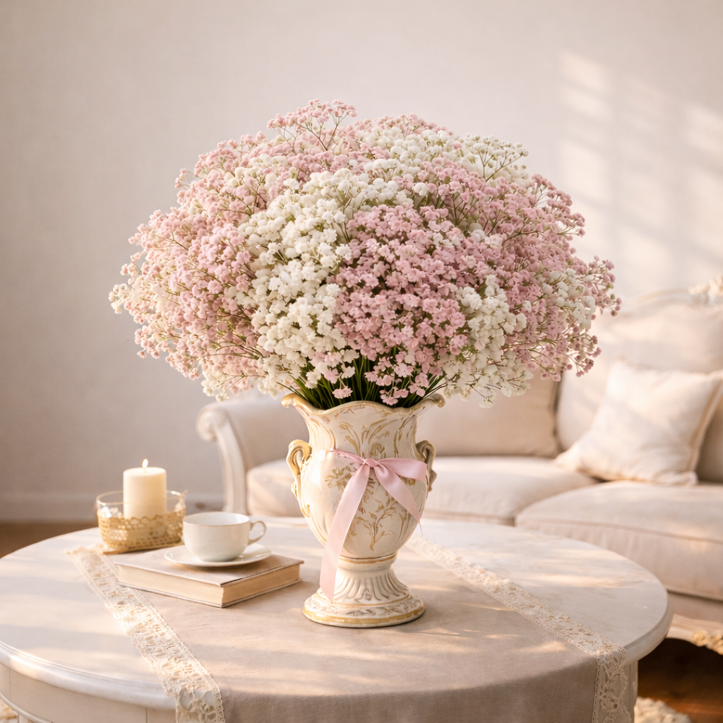 Pink & White Baby’s Breath Bouquet, Table Centerpieces & Home Decor